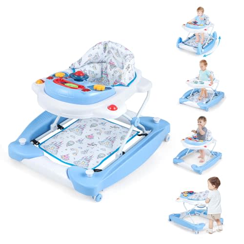BABY JOY 6-in-1 Baby Walker, Foldable Baby Walker with Wheels, Adjustable Height, Music, Lights, Bouncer & Rocker Mode, Baby Walkers for Boys Girls 6-14 Months (Blue)