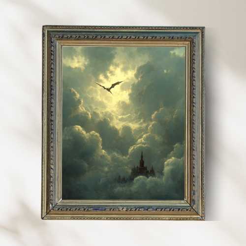 Dragon Over Castle Fantasy Art Print, Epic Sky Clouds Wall Art, Dark Fantasy Castle Decor, Mystical Dragon Artwork, Fantasy Wall Decor
