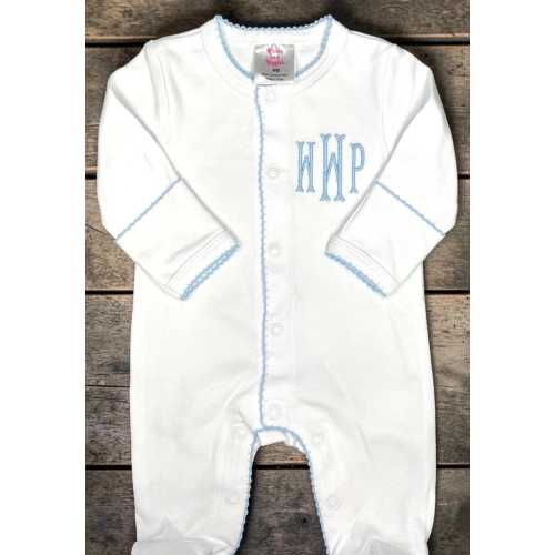 Personalized Baby Footie with Blue Picot Trim, Monogrammed Newborn Boy Footed Sleeper, Classic Layette, Coming Home Outfit, Baby Shower Gift
