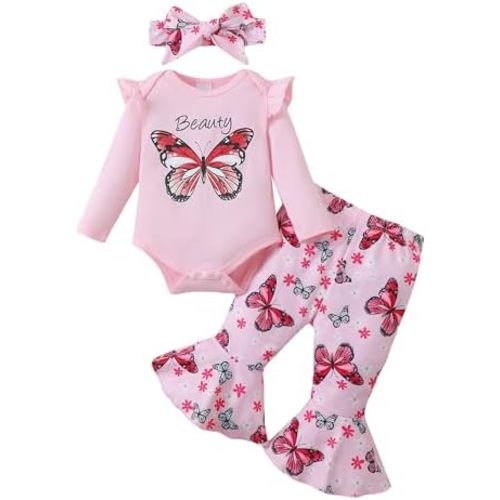SUNNY PIGGY Baby Girl Clothes Newborn Infant Outfits Ruffle Long Sleeve Romper Pants Set with Headband