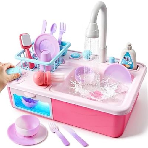 JOVA lalalark Color Changing Play Sink with Running Water, Toddler Sink with Electric Dishwasher, Chopping Sounds and Automatic Water Cycle System, Water Table for Toddlers 1-3 Easter Birthday Gift