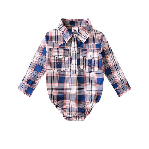 COSLAND Baby Boys' Western Cotton Plaid Bodysuit, Infant Cowboy Jumpsuit, 0-18 Months