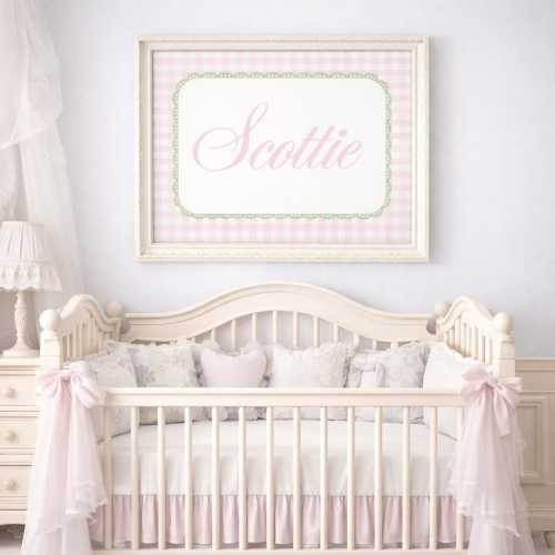 Personalized custom physical print artwork, Girly Name Wall Art Matte Horizontal Poster | Nursery Kids Room, pink gingham, pink plaid