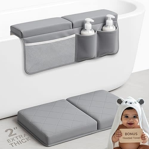 Bornealand® 2" Extra Thick Baby Bath Kneeler and Elbow Rest Pad Set + Hooded Towel - Embroidered Kneeling Pad for Bathing Baby - Dual-Layer Memory Foam Bathtub Kneeler and Elbow Rest Set