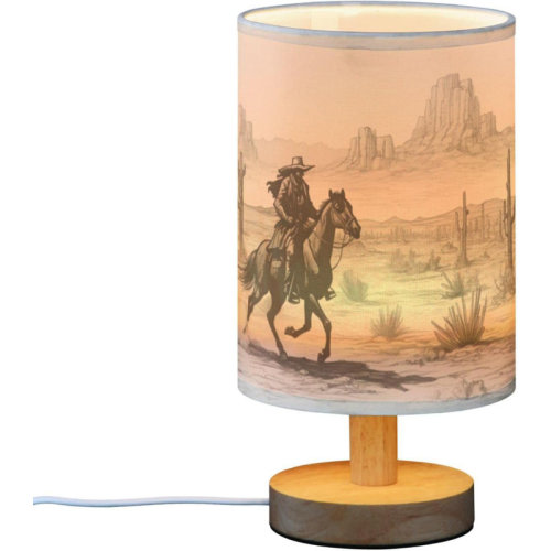 Loon Peak® Western Cowboy Bedside Table Lamp For Bedroom Nightstand, Small Eye Care LED Desk Reading Lamp USB Port Wood Base Round Flaxen Fabric Shade For For Kids Room Living Room Office Desk | Wayfair