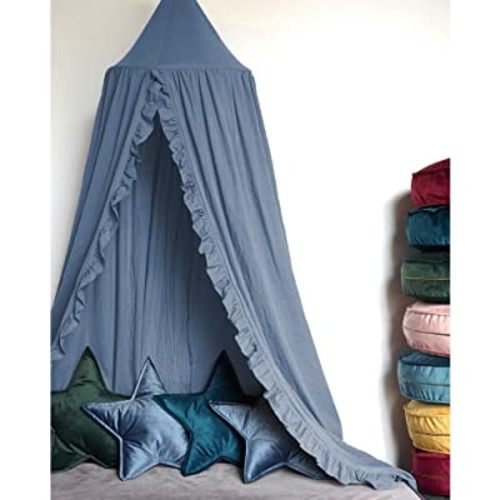 Bed Canopy with Frills Reading Nook Game Tent for Kids Boho Hanging Net Play Room Decor(Blue)