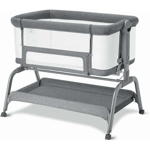 Babyomi 3 In 1 Baby Bassinet, Portable Playard With Storage Basket and Wheels, Adjustable Height Bassinet Bedside Sleeper, Easy Folding Portable Crib for Newborn, Grey