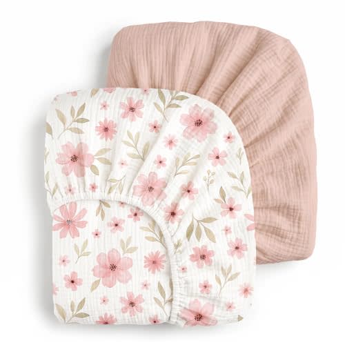 Muslin Crib Sheets for Boys Girls, Fitted 52''x28'' Organic Cotton, Floral | 2Pk, 100% cotton, breathable & skin-friendly, fits standard crib and toddler mattresses, secure all-around elastic Bed Cover