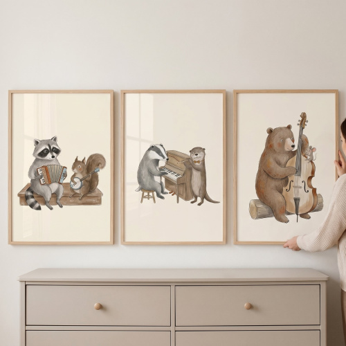 Rustic Watercolor Instrumental Animals Wall Art Set Of 3 - Forest Folk Melodies
