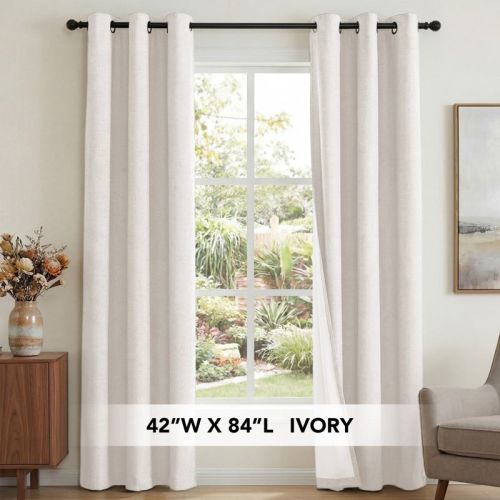 H.Versailtex Linen Blackout Thermal Insulated White Liner Grommet Top Small Window Curtains Ivory 42"W x 84"L