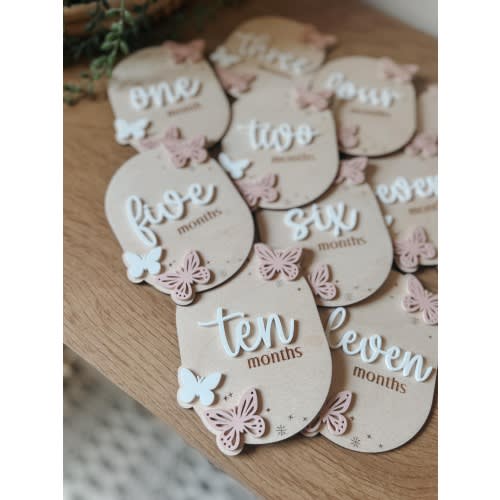 Wooden Baby Monthly Milestone Set Butterfly Design | 3D Acrylic Accents | Months 1-12 | Neutral Blush | Custom Colors Available