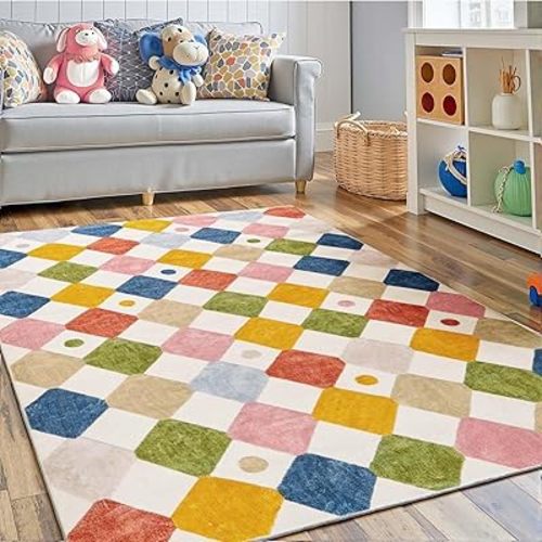jinchan Macy 4x6 Area Rug for Kids Room Modern Colorful Checkered Diamond Nursery Rug Indoor Washable Soft Non Slip Carpet for Playroom Classroom Bedroom Dorm Daycare Living Room Circus on Cream