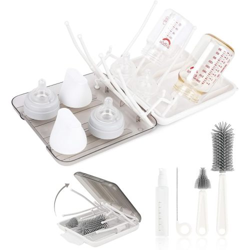 Baby Bottle Brush Set, 6-in-1 Travel Bottle Cleaning Kit with Silicone Bottle Brush, Nipple & Straw Brush, Soap Dispenser, Drying Rack, Storage Box – Compact Travel Baby Essential for Home & On-The-Go
