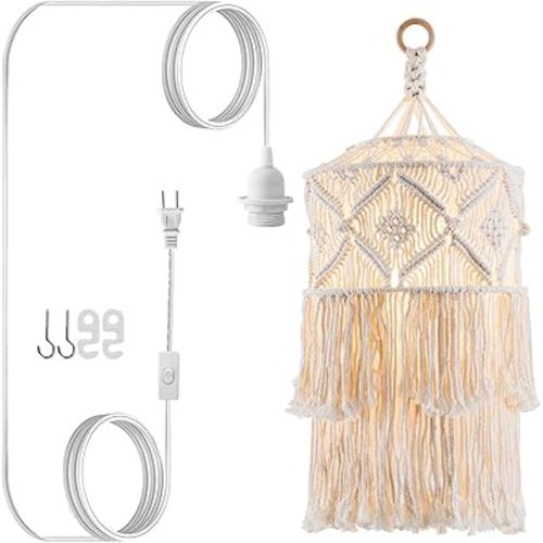Boho Plug in Pendant Light, Hanging Light with Plug in Cord, Hanging Lamp with Handmade Macrame Lamp Shade, Boho Plug in Hanging Light Fixtures for Living Room Bedroom Decor
