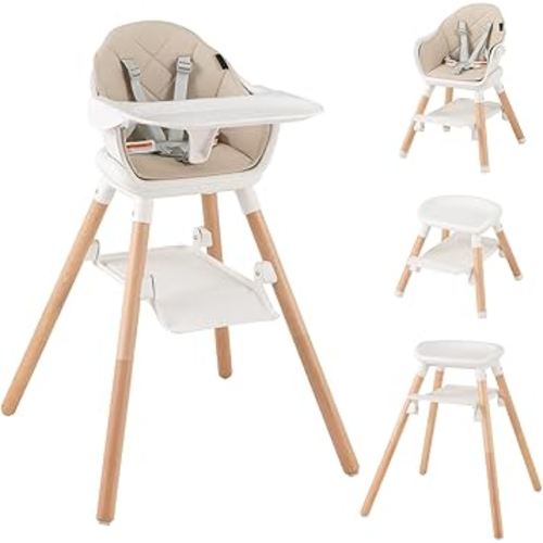 HONEY JOY Baby High Chair, 6 in 1 Convertible Wooden Highchair for Babies and Toddlers/Chair/Bar Stool, Removable Double Tray & Reversible Footrest, Safety Harness for Infant Boys Girls (Beige)