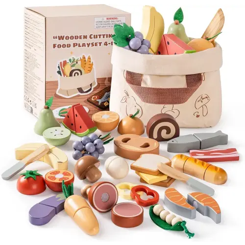 ROBOTIME Wooden Play Food 4-in-1 Cutting Set, Pretend Play Toy Food for Play Kitchen with Shopping Bag – Kids Kitchen Accessories, Wooden Play Food for Boys & Girls
