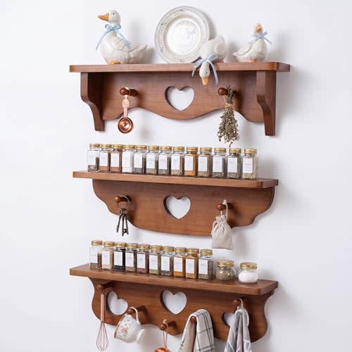 Pinkunn Set of 3 Rustic Wooden Wall Shelves with Heart Cutout and Peg Hooks, Natural Walnut Mounted Storage Display Rack for Entryway Bathroom Bedroom Kitchen Cottage Home Decor