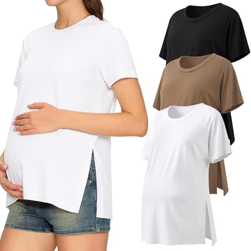 3 Pack Women's Maternity Shirts, Crew Neck Pregnancy Clothes Short Sleeve | Crew Neck, Side Split, Pregnancy Tee, Casual Wardrobe Basic, For Daily Wear, Layering, Workdays, Weekend Looks, Bump Fit