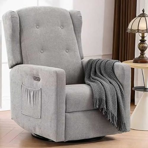 Swivel Rocker Power Recliner Chair for Nursery, 270° Swivel Glider Recliner with USB & Type-C Charging, Electric Reclining Chair with Storage Pockets, Upholstered Recliner for Living Room (Grey)