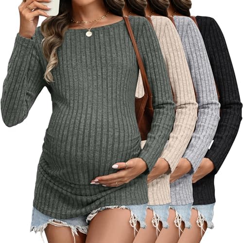 4 Pack Maternity Sweaters Winter, Ribbed Long Sleeve Maternity Shirts, Boat Neck Pregnancy Tops