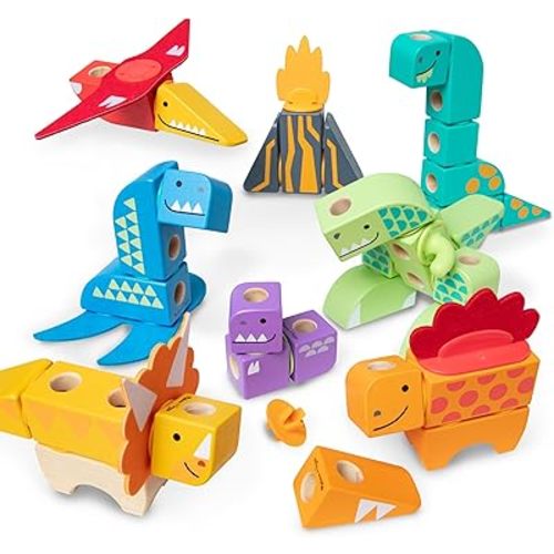 Melissa & Doug Blockables™ Dinosaur Snap and Play, Mix and Match Connectable Wooden Building Blocks Play Set Toy for Preschool Boys and Girls (69 Pcs) - FSC Certified