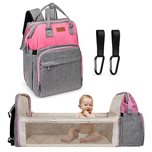 Grey Pink Baby Diaper Bag Backpack with Changing Station for Boy & Girl, Multifunction Large Diaper Bag Backpack for Mom, waterproof travel diaper bag for women, pañaleras para bebe niña