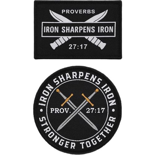 Christian Iron Sharpens Iron Morale Applique 2-Pack Patch Set, Woven, Hook & Loop Fastener/Backing, Tactical Accessory for Clothing-Jackets-Hats-Backpacks