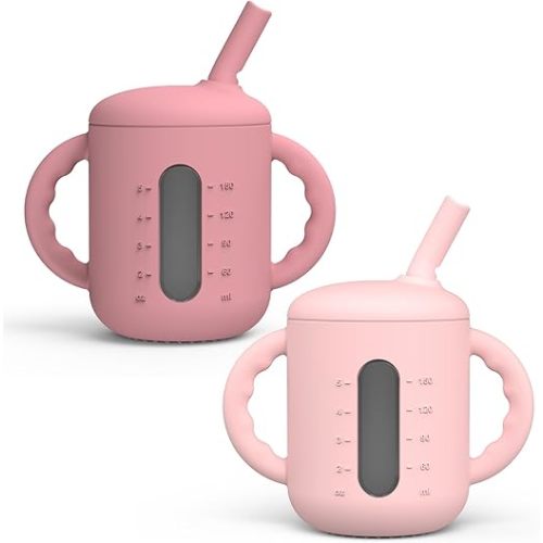 2 Pack Silicone Sippy Cups, Leak-Proof Baby Straw Cup for 6-12 Months, Spill Proof Toddler Cup with Straw 1-3 Years, with Capacity Marking, Non-slip Handle, Flow Control, 6 oz, Purple Pink