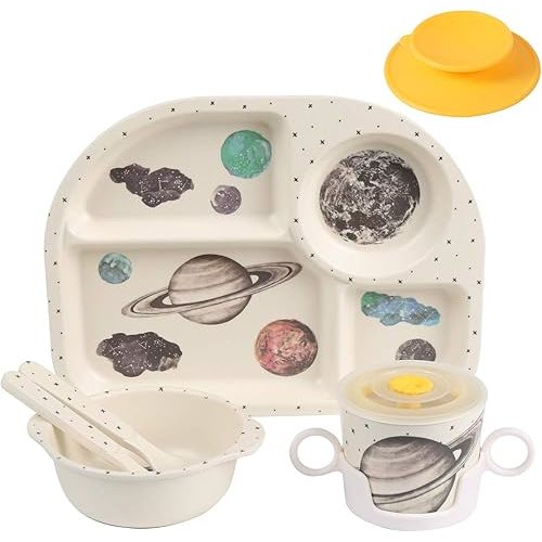 shopwithgreen 7Pcs/Set Bamboo Kids Dinnerware Set - Children Dishes - Food Plate Bowl Cup Spoon Fork Set Dishware, Cartoon Tableware, Dishwasher Safe Kids Healthy Mealtime, BPA Free