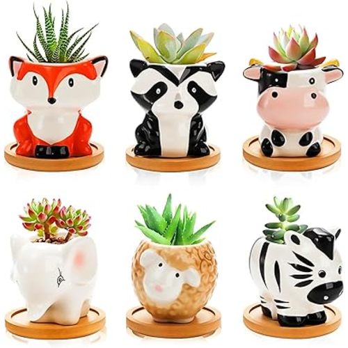 6 Pack Small Succulent Pots with Drainage Hole, 3 Inch Cute Ceramic Animal Planter with Saucer, Unique Air Plant Holder, Desktop Plant Flower Pot for Indoor Plants, Cactus, Garden, Home Decor