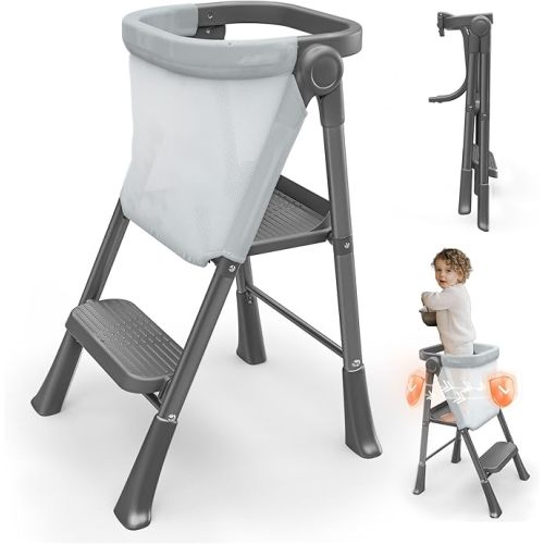 Toddler Step Stool Foldable, Kids Step Stools for Kitchen Counter, Foster Independence Learning Stool with Safety Guards&Net, Toddler Sturdy Standing Tower Kitchen Helper,Black