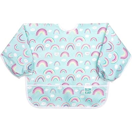 Bumkins Sleeved Bib for Girl or Boy, Baby and Toddler for 6-24 Mos, Essential Must Have for Eating, Feeding, Baby Led Weaning Supplies, Long Sleeve Mess Saving Food Catcher, Soft Fabric, Rainbow Blue
