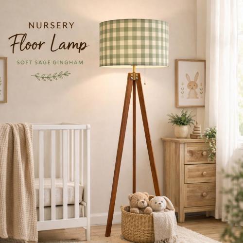 Sage Green Gingham Floor Lamp or Lampshade Nursery Lamp Farmhouse Decor Baby Room Lighting Cottagecore Lamp