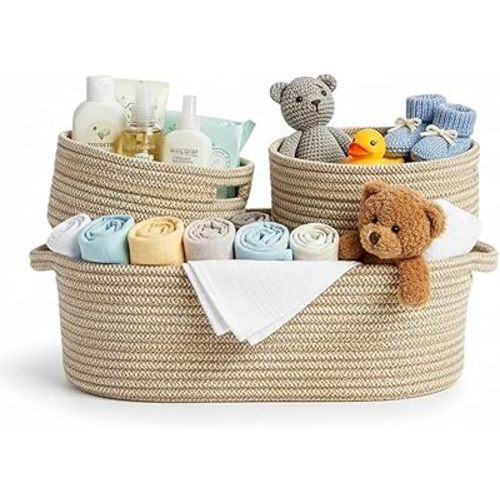 Living Textiles 3 Piece Cotton Rope Storage Set - Nursery Storage Baskets with Handles, Hand Washable, Ideal for Baby Diaper, Toy, Wipe Organization, Stylish Newborn Gift(Natural)