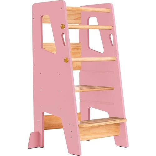 OCODILE Toddler Standing Tower - Adjustable Height Toddler Kitchen Stool Helper - Ideal Kids Kitchen Step Stool for Learning New Skills - Updated Design with Safety Feet - Pink