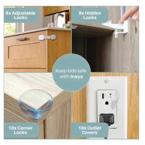 Inaya Complete Baby Proofing Kit - Child Safety Hidden Locks for Cabinets & Drawers, Adjustable Safety Latches, Corner Guards and Outlet Covers - Baby Proof Pack to Keep Your Child Safe at Home