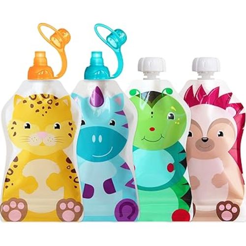 ChooMee SoftSip Food Pouch Tops + Reusable Baby Food Pouches, Fill with Baby food, Applesauce and Purees | Wide Double Zipper Bottom, BPA Free | 4 CT 5oz + 2 SoftSip