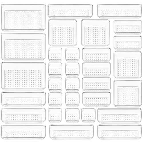 LeaderPro 32 Pcs Drawer Organizer with 5 Sizes Clear Desk Drawer Dividers Plastic Storage Containers