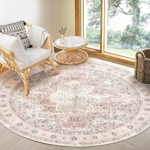 BESTSWEETIE 6ft Round Rug Vintage for Living Room 6ft Round Rugs Machine Washable Round Rug 6ft Non Slip No Pile Carpet Bohemian Distressed for Living Room Bedroom Indoor Pink