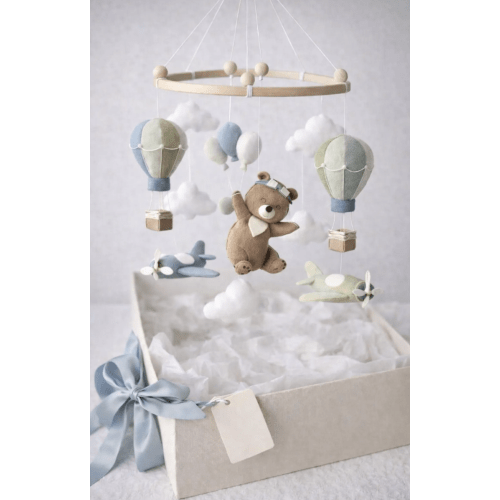 Baby boy nursery mobile, airplane teddy bear mobile, hot air balloon crib decor