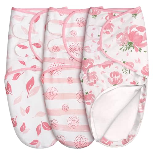 GLLQUEN BABY Baby Swaddle Sleep Sacks with Zipper - 3-Pack Newborn Swaddling Sack, Baby Swaddles Sleep Sack 0-3 Months,Pink Floral or Leaves, Swaddling Blankets 3 Pack Wrap Set, Easy Change Swaddle