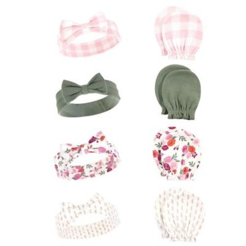 Hudson Baby Infant Girls Cotton Headband and Scratch Mitten Set, Fall Floral, 0-6 Months