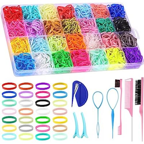 28 Colors Rubber Bands with 8 Hair Styling Tools, 1500 Pcs Colorful Elastic Ties Small Rubber Bands Baby Toddler Ties for Girls Hair Accessories Christmas Gifts