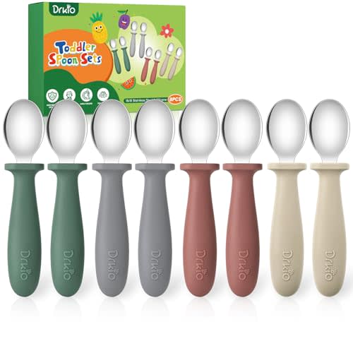DRKIO 8 PCS Toddler Spoons Set - Baby Spoons with Silicone Handle Children safe 18/8 Stainless Steel Toddler Utensils Set for Self Feeding Kids Silverware Anti-Choke Design Food Grade Dishwasher Safe