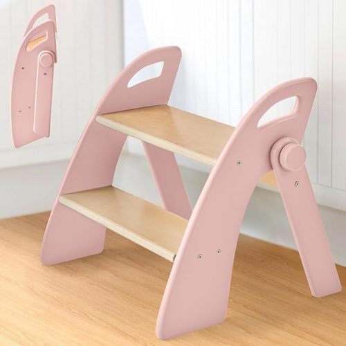 Wooden 2 Step Stool for Toddlers, Foldable 2-Step with Non-Slip Pads and Handles, Bamboo Step Stool for Kids Bathroom Sink and Potty Training, Kitchen Helper, Nursery Bedroom (Pink)