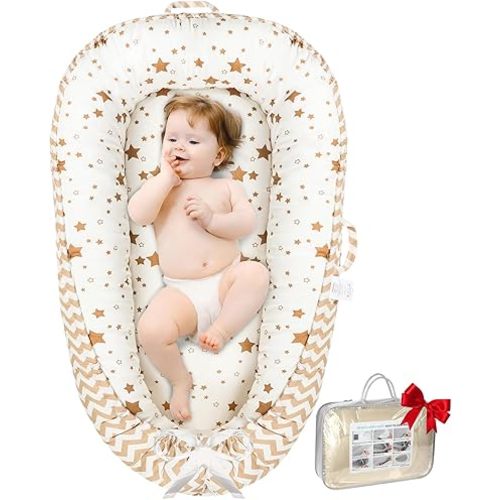 Baby Lounger - Baby Lounger for Newborn 0-24 Months, Breathable and Soft Cotton Cover Baby Nest, Portable Infant Lounger for Tummy Time Floor Playing Seat for Home and Travel, Shower Gifts, Star