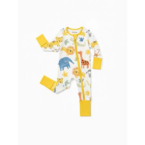 Bamboo Baby Boy/Girl Cartoon Printed 2-Way Zip Onesies Anti Slip Long-sleeve Footie Yellow