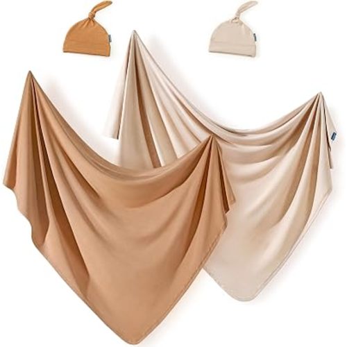 2 Set Newborn Swaddle Blanket with Beanie(4 pcs), Ultra Soft Stretchy Jersey Knit Extra Large Size 33 x 44 Receiving Blankets for Easy Swaddling Baby Snug and Cozy