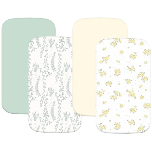 4 Pack Stretchy Bassinet Sheets 20" x 33" Fit for Baby Delight, BCOL, Jimglo, Angelbliss, Maxi-COSI & Most Regular Size Bedside Sleeper- Soft Breathable Fitted Bassinet Sheets - Light Floral Yellow