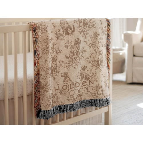 Personalized Golden Retriever Toile Blanket Heirloom Nursery Decor Custom Name Woven Throw Newborn Gift Dog Print Baby Shower Present